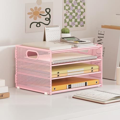 4 Tier Paper Letter Tray Pink Desk Organizer for Desk,Pink File Organizers