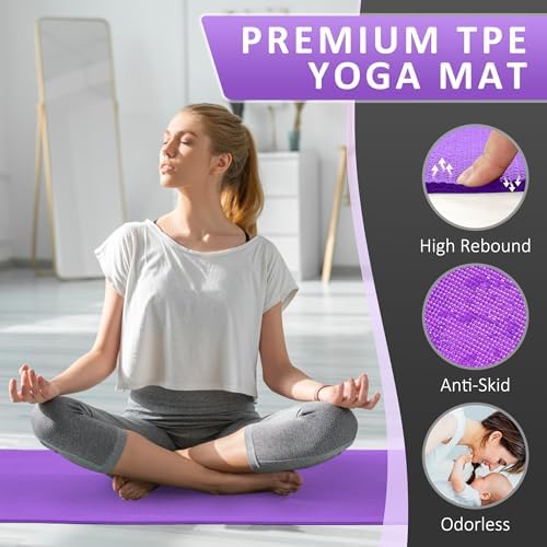 Fitvids All Purpose Thick High Density No Tear Exercise Yoga Mat with Strap & Lightweight Features for Indoor & Outdoor Use