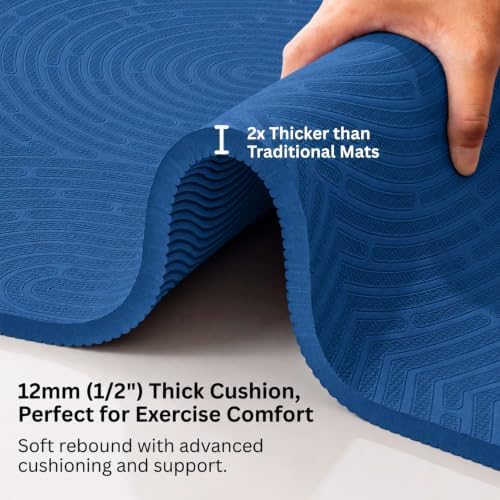 Extra Thick 12mm Exercise Mat, 74" x 26", Non-Slip with a Yoga Strap