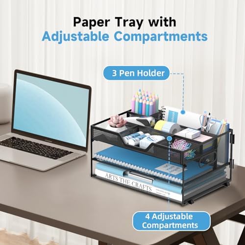 DALTACK 3 Tier Desk Organizer with Pen Holders and Paper Trays, Black
