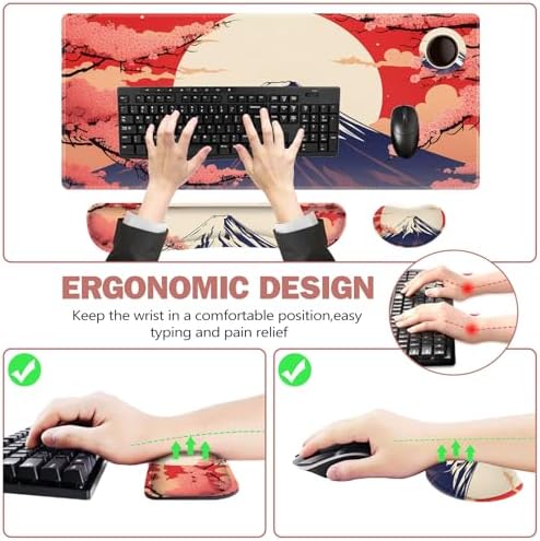 ToLuLu Large Mouse Pad Desk Pad Set, Wrist Rest Support Desk Mat for Keyboard Mouse, 4PCS 35.4”x15.7 XXL Giant Mouse Pad, Non-Slip Base Mousepad Office Desk Decor, Japanese Moon Red Cherry Blossom