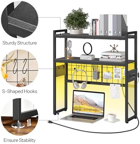 HOOBRO Desktop Bookcase, 2-Tier Office Desktop Organizer, 29.9" Wooden Storage Rack with Outlets, Display Shelf Rack with Light Strip, Desk Hutch for Office, Black BB11UDSJ01