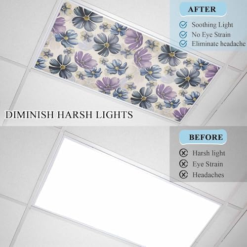 Retro Beige Purple Flower Magnetic Fluorescent Light Covers for Ceiling Lights 2 x 4 Feet,Ombre Blue Green Blossom Floral Office Classroom Kitchen Drop Ceiling Light Covers Filters Shade Panel 2 Packs