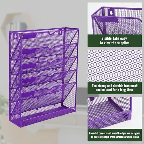 EASEPRES 6 Tier Mesh Hanging Wall File Organizer, Desk Vertical Mail Paper Document Folder Holder Rack with Bottom Tray and Nametag Label for Office Home School, Purple