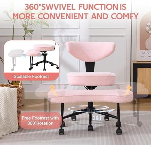 Ergonomic Cross Legged Chair, 360° Swivel Meditation Chair with Wheels - Adjustable Height for ADHD Desk & Yoga, Wide Criss Cross Chair for Home, Pink