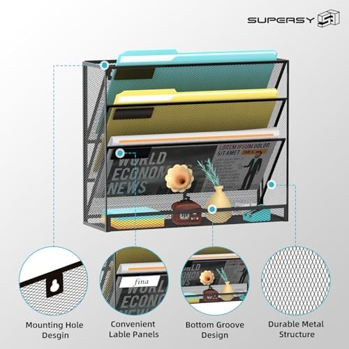 SUPEASY Wall File Organizer Mesh Office Mail Holder, Hanging Wall Organizer Magazine Rack for Office Black, 4 Tier