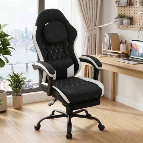 Video Gaming Chair, Ergonomic Office Chair with Footrest, Lumbar Support and Linkage Armrests, Swive Home Video Game Chairs for Adults, Black