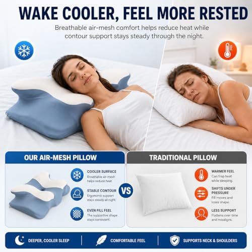 Ergonomic Cervical Memory Foam Pillow for Neck and Shoulder Support, Contour Butterfly Bed Pillow with Breathable Cover, Neck Support Pillow for Side Back and Stomach Sleepers (Blue)