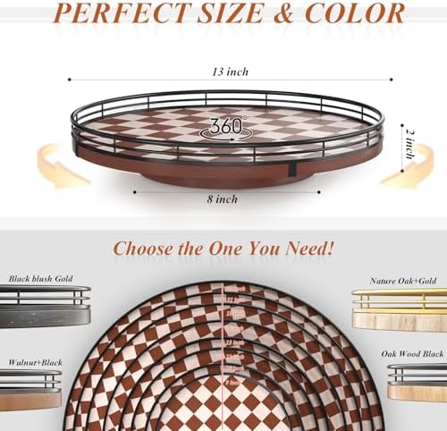 AMH 13-Inch Brown White Checkerboard Lazy Susan with Black Metal Rail