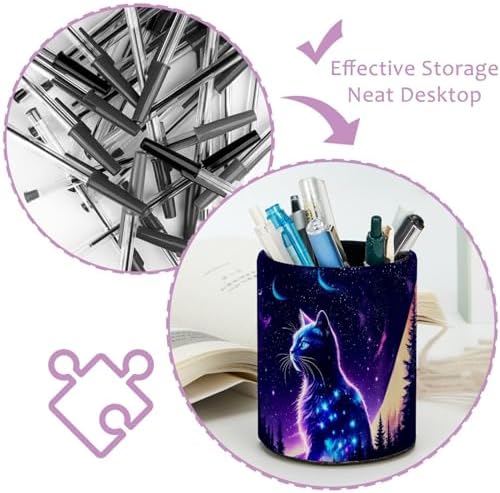 Fantasy Purple Starry Sky Cat Pen Holder Pencil Organizer Cute Pencil Cup Desk Decor Makeup Brush Holder PU Multifunctional Office Supplies for Home Classroom School