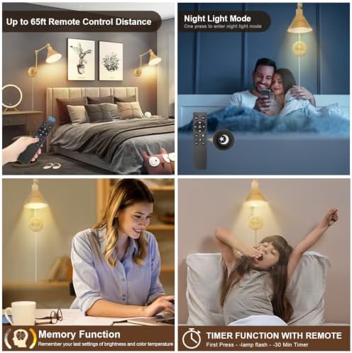 TRLIFE Dimmable Wall Sconce, Remote Control Plug in Wall Sconce Dimming 10%-100% and Adjustable Color Temperature 2700K-6000K, Swing Arm Wall Lights with Plug in Cord, UL Listed(2 Pack, Oak Color)