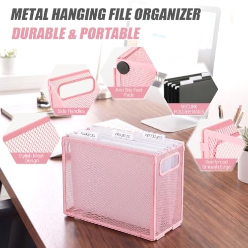 Zhengmy 3 Pcs Hanging File Organizer Letter Size File Holder Metal Mesh Filing Box Desktop Folder Letter Storage Cabinets Magazine Holder with Handles for Home Office School Document (Pink)