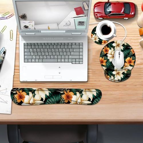 Keyboard Wrist Rest and Mouse Pad Wrist Support Set with Coaster,Ergonomic Mouse Pad,Comfortable for Easy Typing, Pain Relief,Memory Foam Keyboard Pad Set for Laptop Mac,White Brown Flowers
