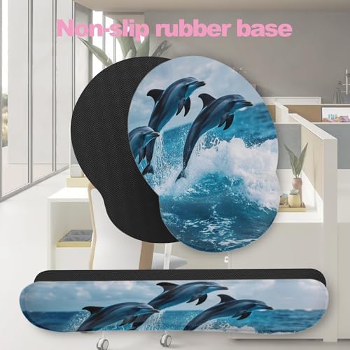 Dolphins in Ocean Ergonomic Wrist Support Keyboard Mouse Wrist Rest Set, Computer Office Comfortable Wrist Rest for Mouse Easy Typing