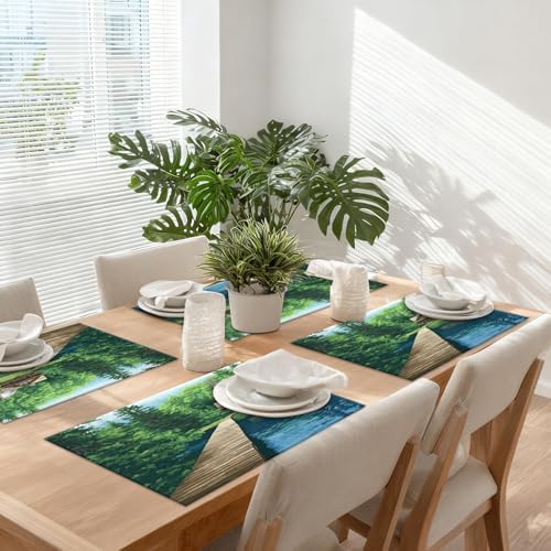 Peaceful Retreat Forest Getaway Linen Placemats, Lakeside Dwelling Wooden Abode Table Mats for Table Washable Heat Insulation Thick Dining Mat, Indoor/Outdoor 12X18 in 6 Pcs