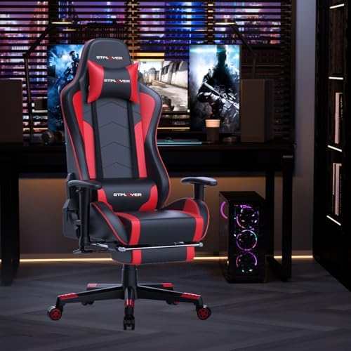 GTPLAYER Gaming Chair with Footrest Speakers Video Game Chair Bluetooth Music Heavy Duty Ergonomic Computer Office Desk Chair Red