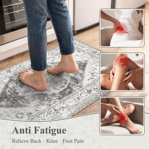 KIMODE Kitchen Mats Cushioned Anti Fatigue, Boho Vintage Kitchen Rugs Grey