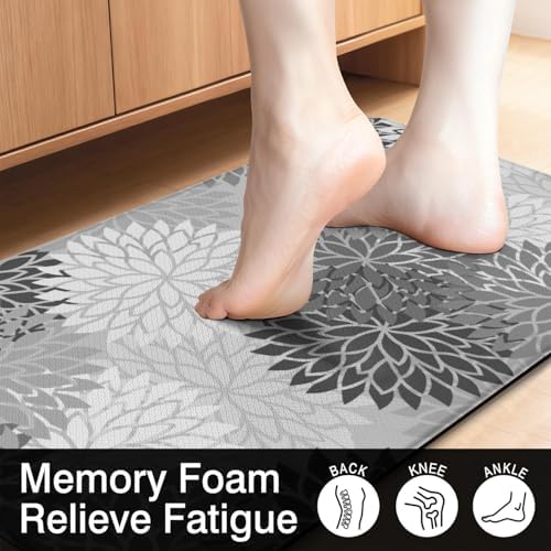 Boho Floral Anti Fatigue Kitchen Mats, 17.3"x47"+17.3"x29", Grey
