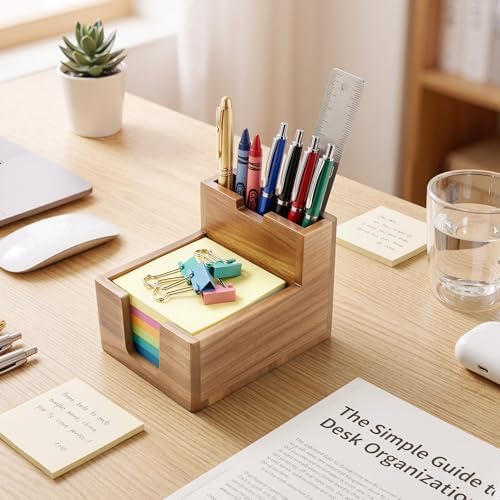Acacia Wood Sticky Note Holder with Pen Slot, 3x3 Sticky Note Dispenser for Desk, Non-Slip Pads Office Storage Organizer