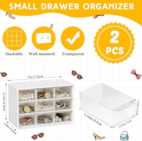 Wenqik 2 Pcs Mini Storage Drawers with 9 Clear Drawers, Black, White