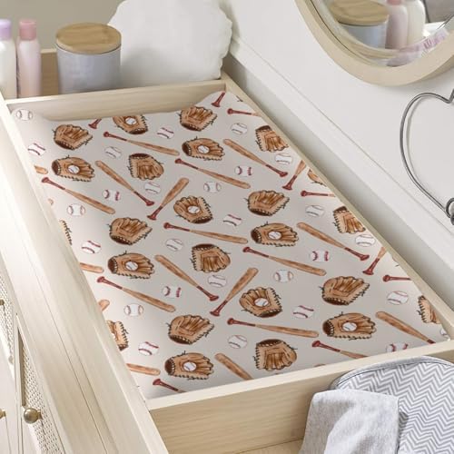 Watercolor Baseball Gloved Pattern Baby Changing Pad Cover, Unisex Sport Theme Nursery Diaper Changing Table Pad Mat Sheet for Boys Girls-16x32