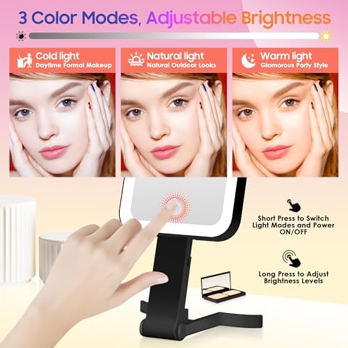 GOMIPURU Magnifying Travel Mirror with Light, 30X/1X Double-Sided Magnifying Mirror with 3 Color Lights, Brightness Adjustable, Foldable Handheld Makeup Mirrors Portable for Travel and Desktop, Dark