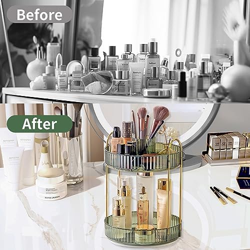 Asayuee 360 Rotating Makeup Organizer,2 Tier Large Capacity Make Up Organizers and Storage,Skincare Perfume Vanity Organizers,Bathroom Cosmetics Storage Organizer Countertop (Green)