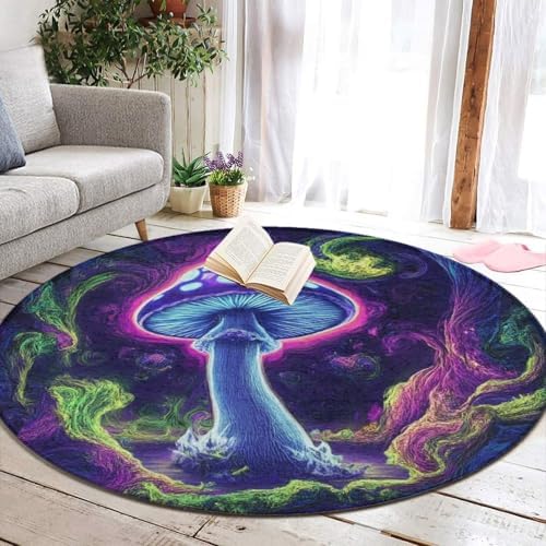 Machine Washable Modern Round Area Rug, Room Sofa Yoga Soft Round Carpet, Home Decor Non Slip Kitchen Office Circle Rug Trippy Mushrooms Purple Art, 60inch