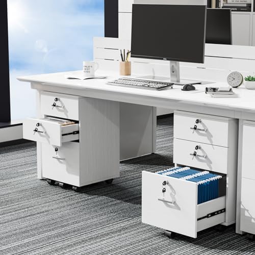 VINGLI 3-Drawer File Cabinet with Lock, Wood Rolling Filing Cabinets for Home Office, Mobile Printer Stand, Under Desk File Organizer for Letter Sized Files, 26" H(Caster Included), White