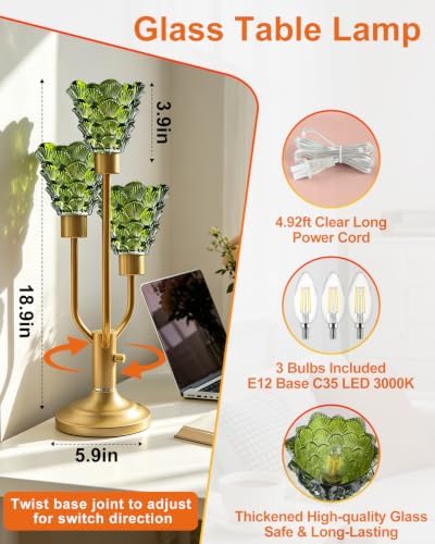 Lightdot Green Glass Mid Century Modern Table Lamp Dimmable Vintage Gift