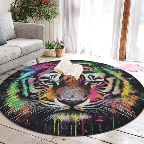Room Sofa Yoga Soft Round Carpet, Home Decor Non Slip Kitchen Office Circle Rug, Machine Washable Modern Round Area Rug Colorful Tiger, 24inch
