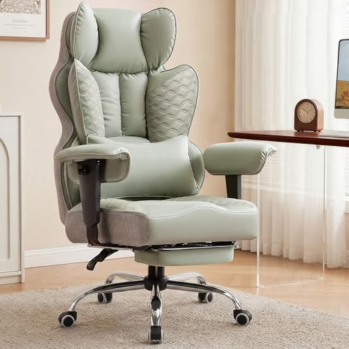 GTPOFFICE Big and Tall Office Chair 400LBS Wide Seat Computer Gaming Chair with Footrest & Comfy Lumbar Support, Leather High Back Executive Chair with Ergonomic Pressure Relief Seat Cushion, Green
