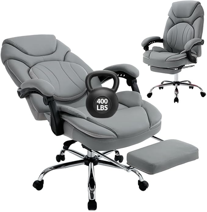 400lbs Ergonomic Reclining Office Desk Chairs with Footrest Back Support High Back Wide Seat Napping Recliner Executive Office Chairs PU Leather Big Tall Managerial Chairs (Grey)