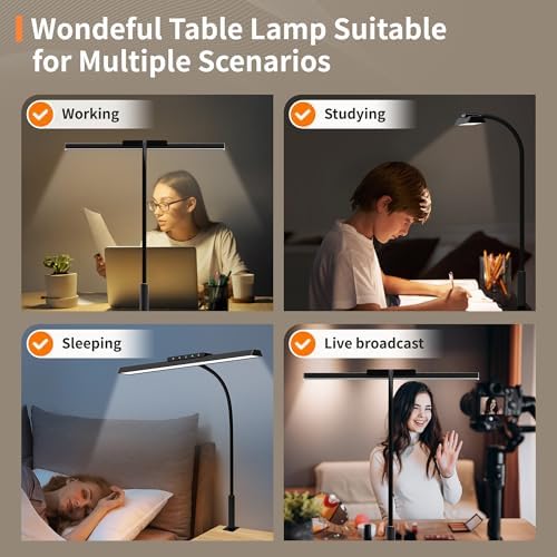 Black LED Desk Lamp, 24W Anti-Glare Eye-Caring Computer Light, Flexible Desk Light with Gooseneck, Memory Function with Auto-Dimming, Kids Desk Lamp with Clamp Base for College Dorm Room
