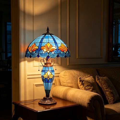 Tiffany Lamp 3-Lights Blue Stained Glass Table Lamp for Living Room