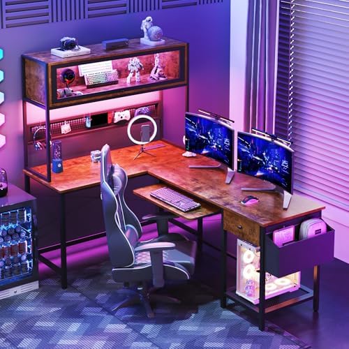 L Shaped Gaming Desk with Power Outlets & LED Lights, 49'' Reversible Computer Desk with Hutch & Pegboard & Display Cabinet, Corner Home Office Desk with Drawer & Keyboard Tray & Storage Bag, Rustic
