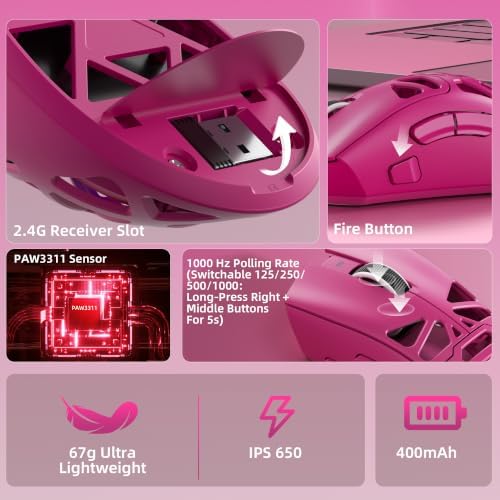 Aula SC620 Wireless Gaming Mouse, Tri-Mode 2.4GHz/USB-C/BT5.3 Computer Mouse with 12000 DPI, Programmable Macro Gamer Mouse with Rapid Fire Key, RGB Light Gaming Mice for PC/Laptop/Mac(Hot Pink)