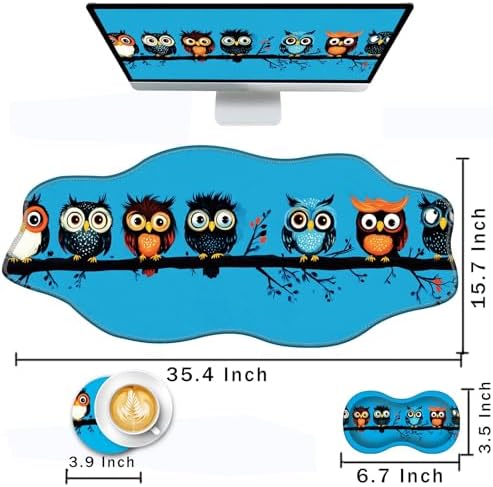 Mouse Pad with Wrist Support + Desk Mat + Coaster 3 in 1 Set, XXL Large Gaming Mousepad Ergonomic Mouse Pads for Desk Computer Laptop Office,Cute Owls on a Branch