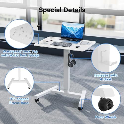 BONTEC Mobile Standing Desk Adjustable Height,Rolling Laptop Cart with Hook