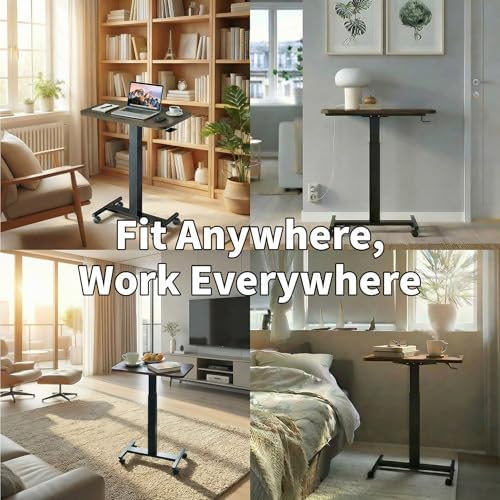 HUANUO Small Rolling Laptop Standing Desk, Height Adjustable Mobile T-Base Desk with Lockable Casters, Portable Sit-Stand Workstation for Bedside & Sofa, Walnut