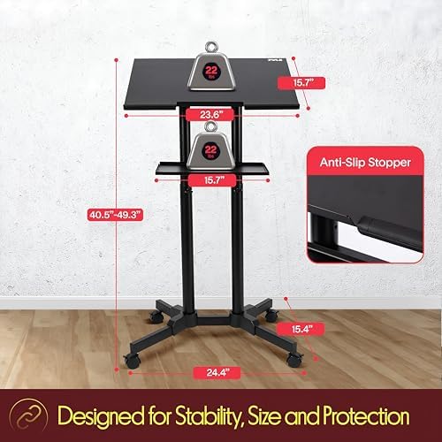 Pyle Lectern Podium Stand | Adjustable Height Top Shelf, Bottom Shelf, Locking Plastic Wheels, & LED Reading Light | Mobile Standing Desk for Classrooms & Presentations | Portable Rolling Table Design