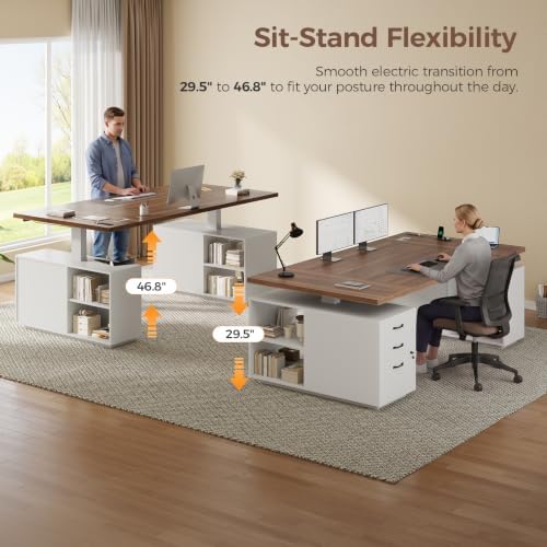 71" Electric Standing Desk with Drawers, Electric Height Adjustable Executive Desk with Lockable File Cabinet, Home Office Desk, Open Storage Compartments, Built-in Power Outlet, White