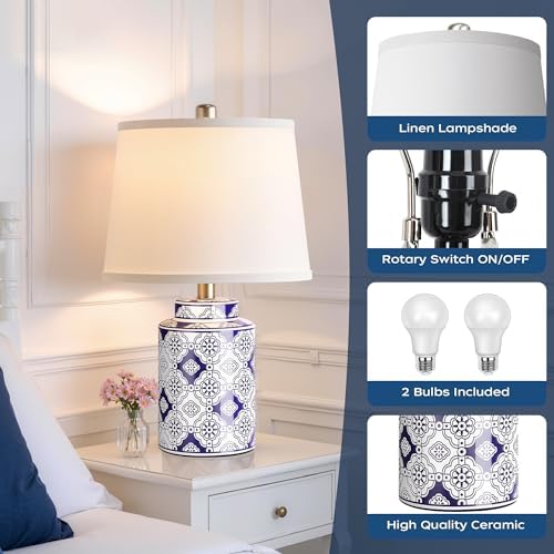 Bedside Lamps Set of 2，Blue and White Ceramic Table Lamps for Living Room