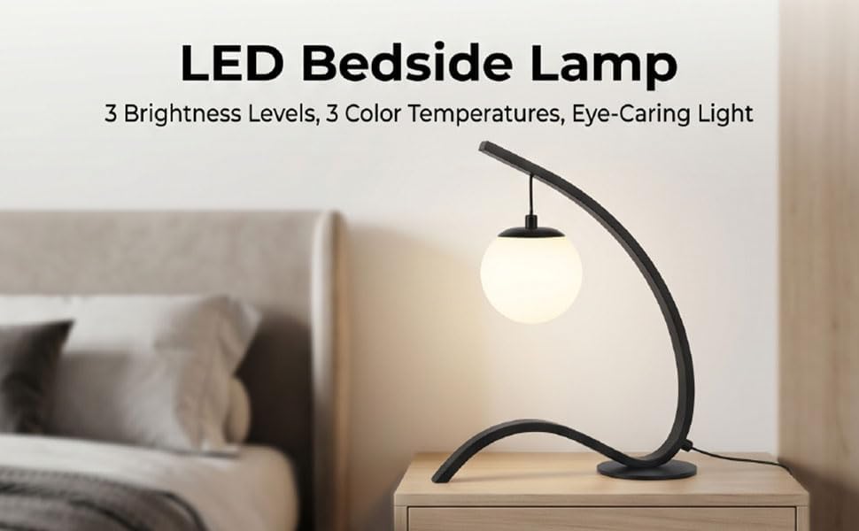 Fafeicy LED Bedside Lamp 3 Color Temps 3 Brightness Levels Anti Glare Desk Lamp for Bedroom Reading Home Office Iron PVC 13x5x16 inch (Black)