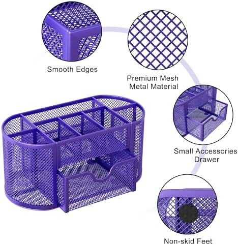 EasyPAG Mesh Pen Holder Desk Organizer with Drawer Stationery Supplies Organizer for Dorm School 9 Compartments Workspace Desk Accessories Organization for Office, Purple