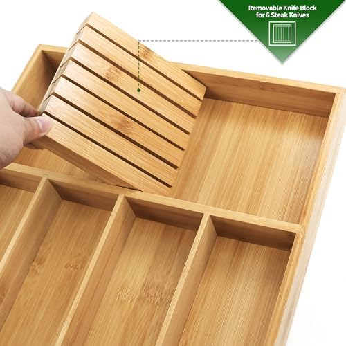 VaeFae Bamboo Silverware Drawer Organizer, 5 Slots, Natural