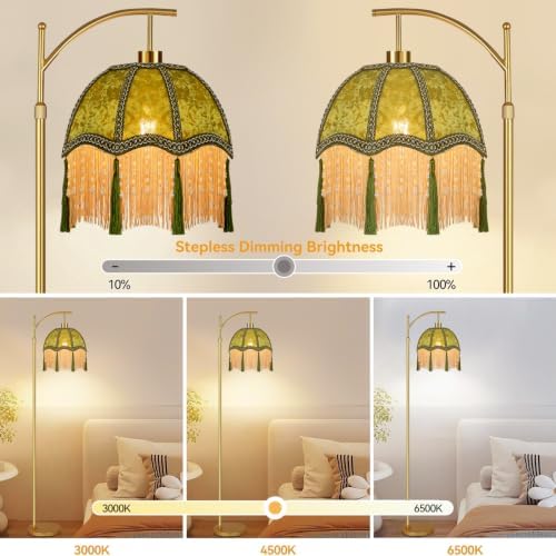 Vintage Floor Lamps for Living Room Boho Rustic Floor Lamp with Remote Control & 3 Color Temperature,Dimmable Gold Floor Lamp Mid Century Modern Standing Lamp Fringe Green Tall Floor Lamp For Bedroom