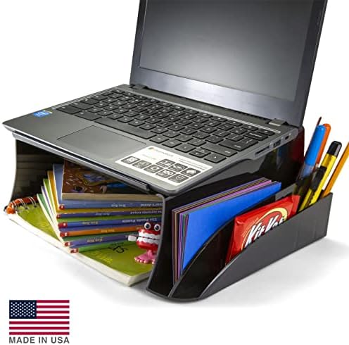 Officemate Telephone Stand - Laptop Stand and Desk Organizer with Storage Underneath, 3 Pen Compartments, 2 Accessory Holders, Non-Skid Rubber Pads, 12.5 x 10.125 x 5.25 Inches, Black