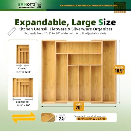 BAMOTTO CRAFTBAMBOO Expandable Bamboo Drawer Organizer for Kitchen, 8 Slot