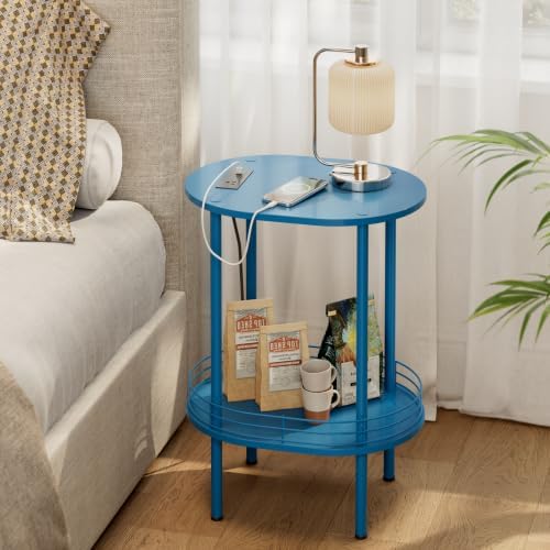 Small Oval Side Table with Charging Station, 2-Tier Blue Round End Table